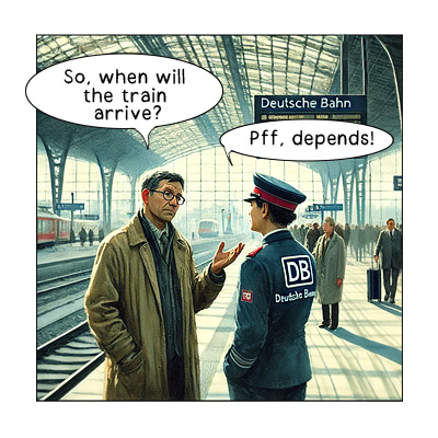 cartoon about the two main meanings of "ankommen" - to arrive and to depend