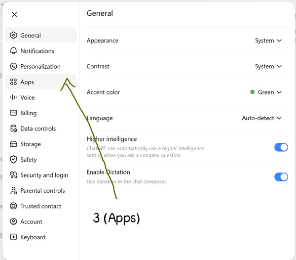 Screenshot of a settings UI with a left navigation pane; 'Apps' is selected and an arrow points to it. The right pane shows General settings (Appearance, Contrast, Accent color, Language) with toggle switches for Higher intelligence and Enable dictation.