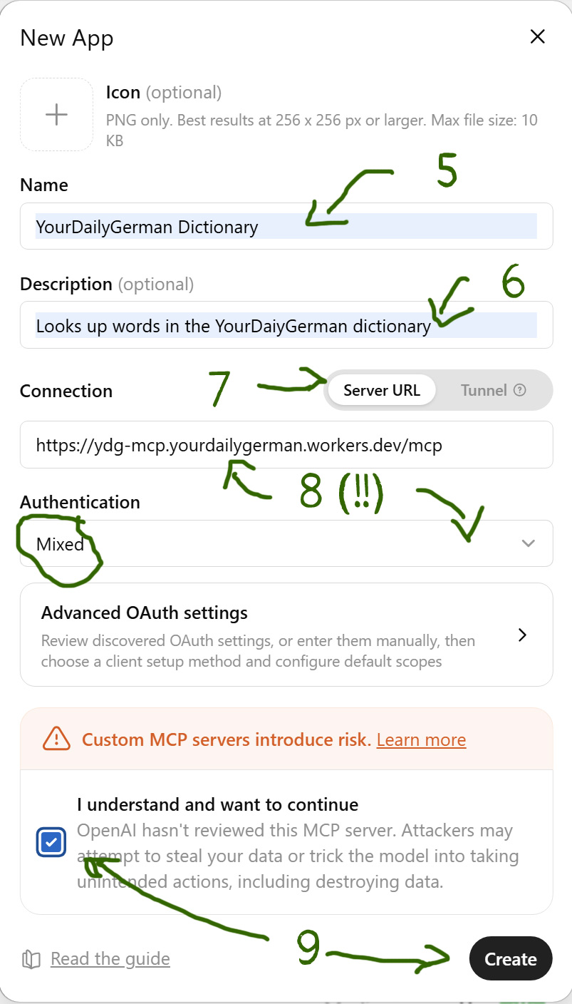 New App setup form with fields for name, description, server URL, authentication type, and a Create button.